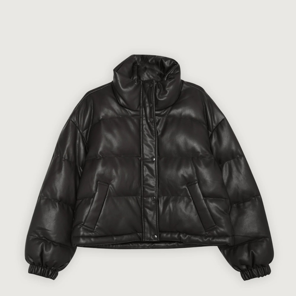 OAK + FORT Black Faux Leather Cropped Puffer Jacket